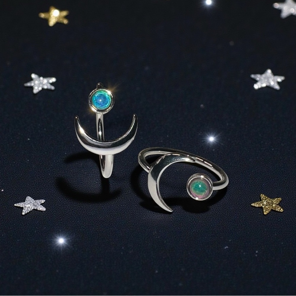 Silver Crescent Moon Ring with Blue Gemstone/Mood Stone